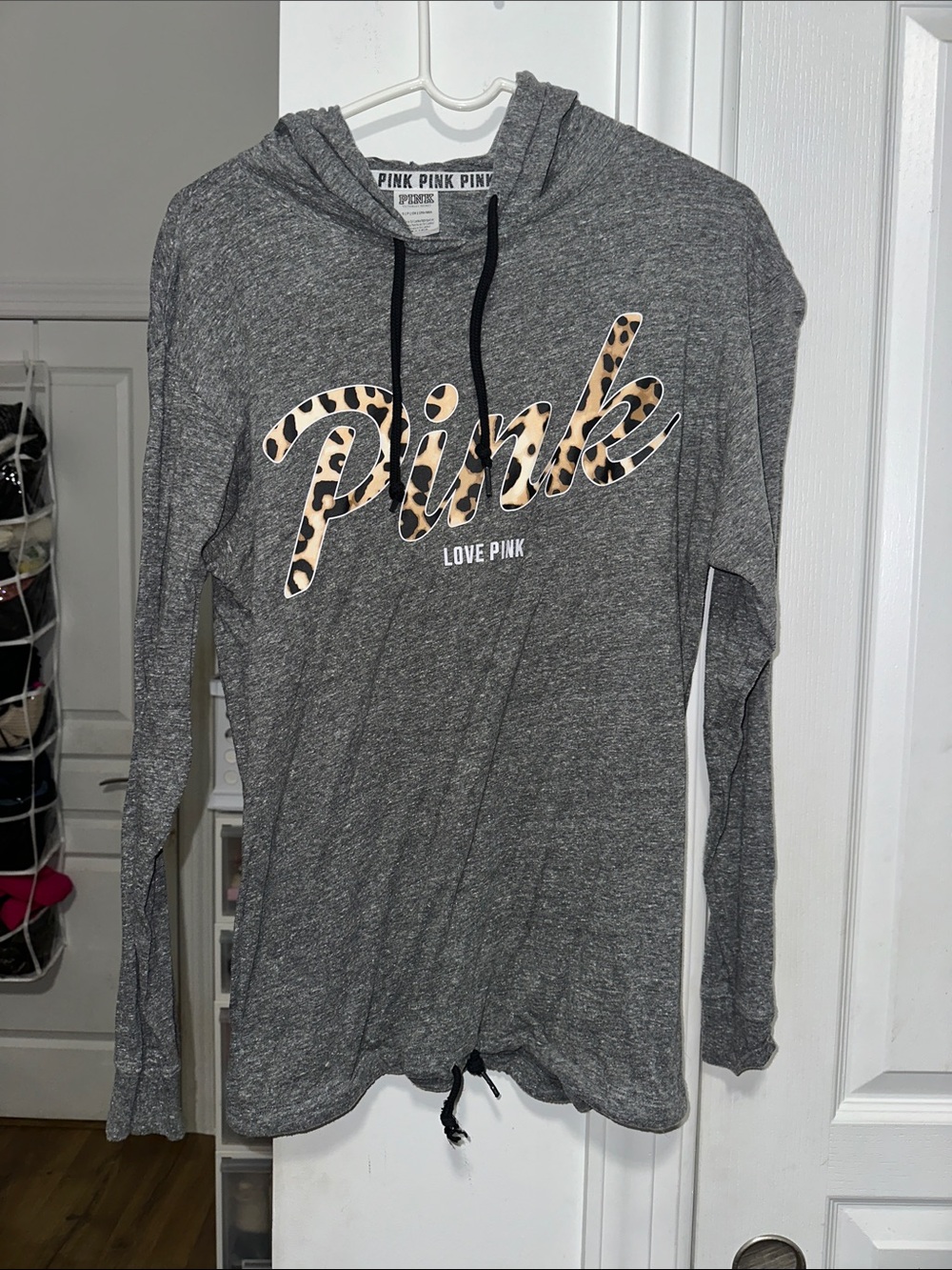 PINK Victoria's Secret Gray Hoodie with Leopard-Print Logo